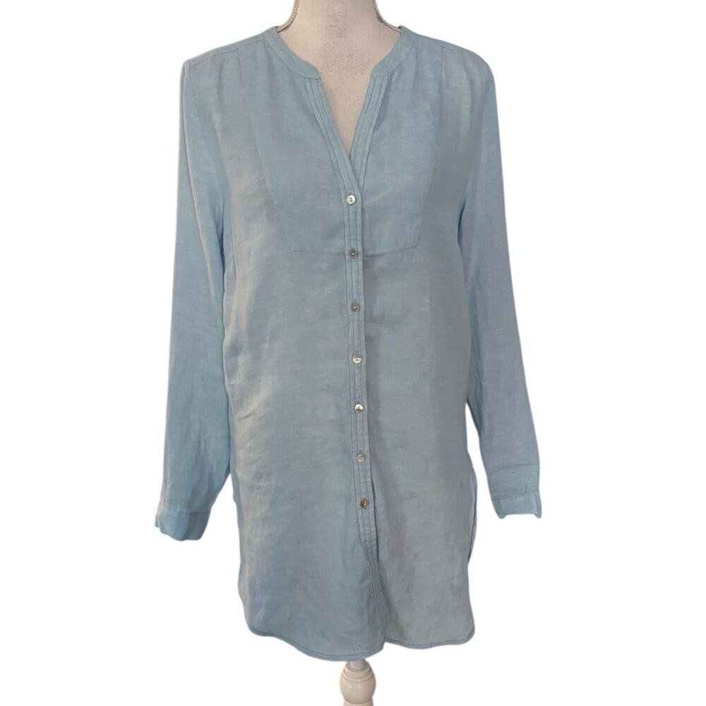 Sundance Size XS Linen Tunic Top Blouse Button Front Light Blue